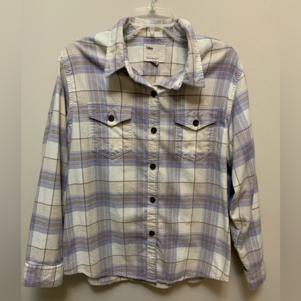 Rare TILLEY Organic Cotton Purple & Cream Plaid Shirt